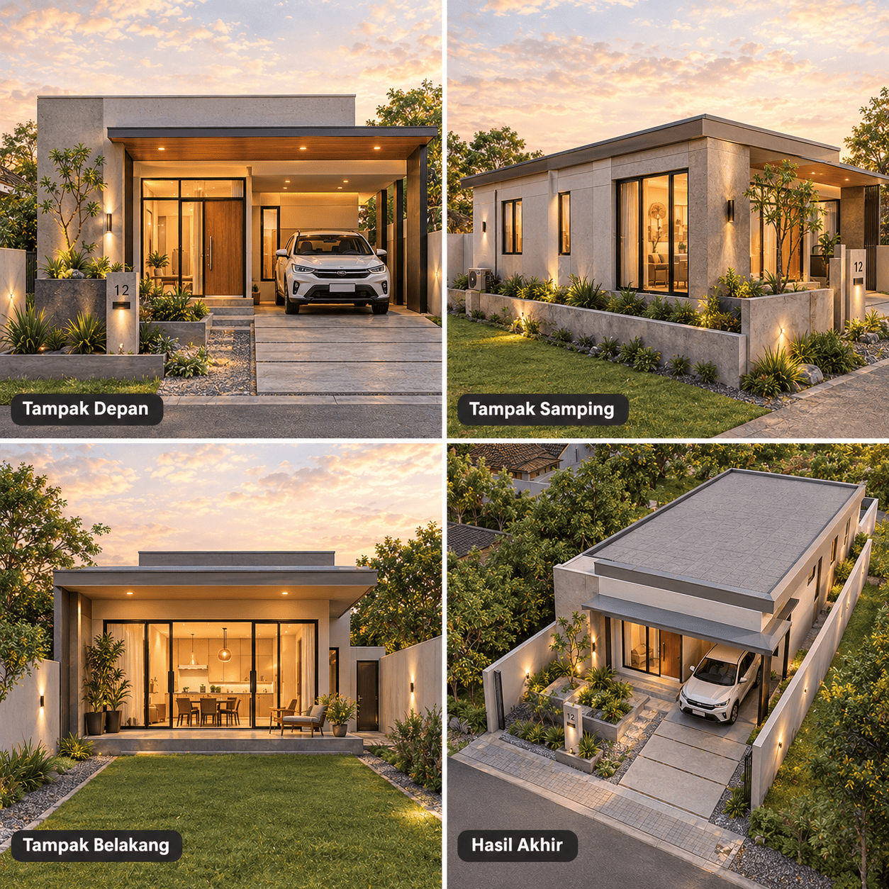 Rumah Modern Minimalis 1 Lantai — Tampak Depan, Tampak Samping, Tampak Belakang, Hasil Akhir