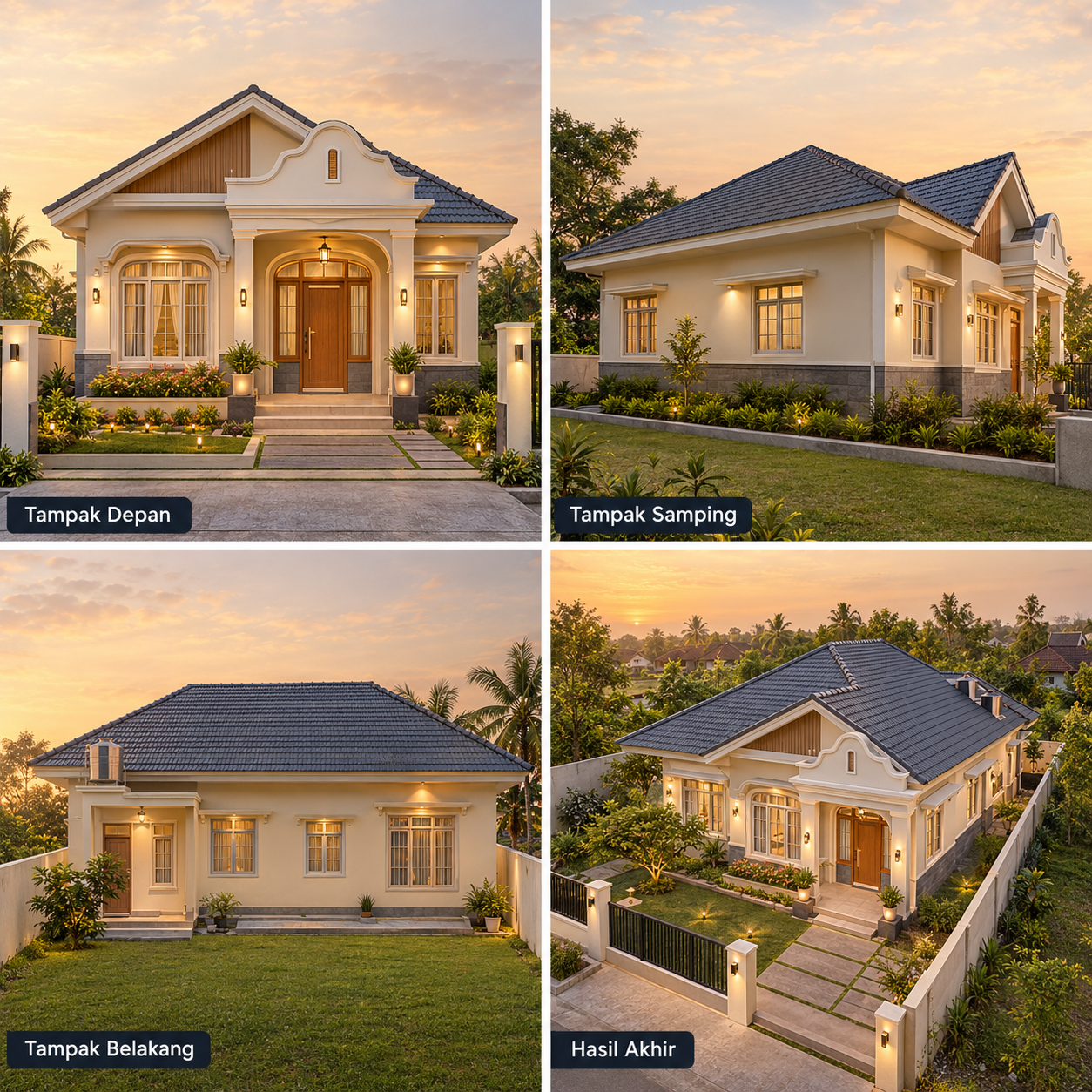 Rumah Vintage Retro 1 Lantai — Tampak Depan, Tampak Samping, Tampak Belakang, Hasil Akhir