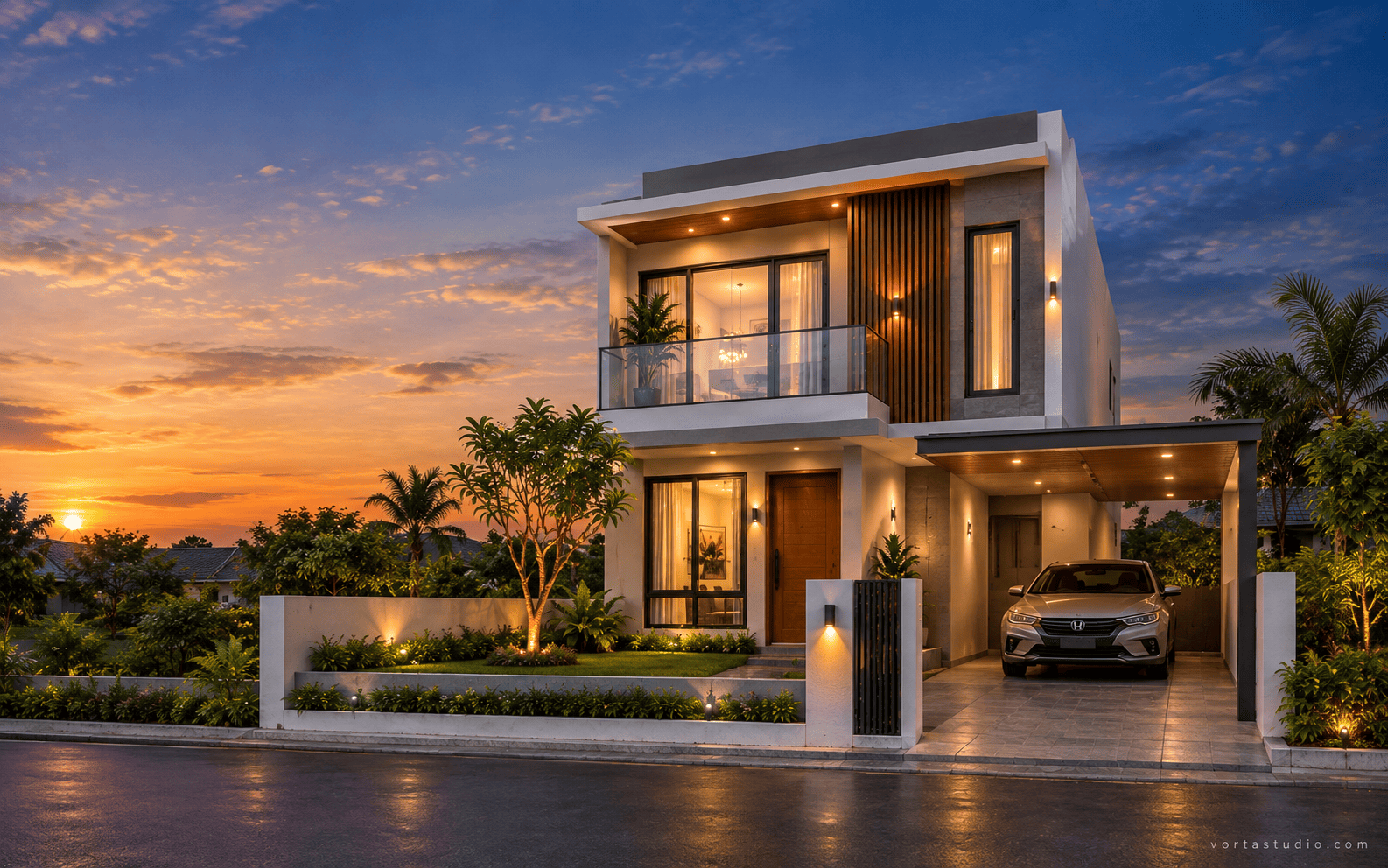 Sample desain rumah minimalis 2 lantai suasana senja — Vorta Studio