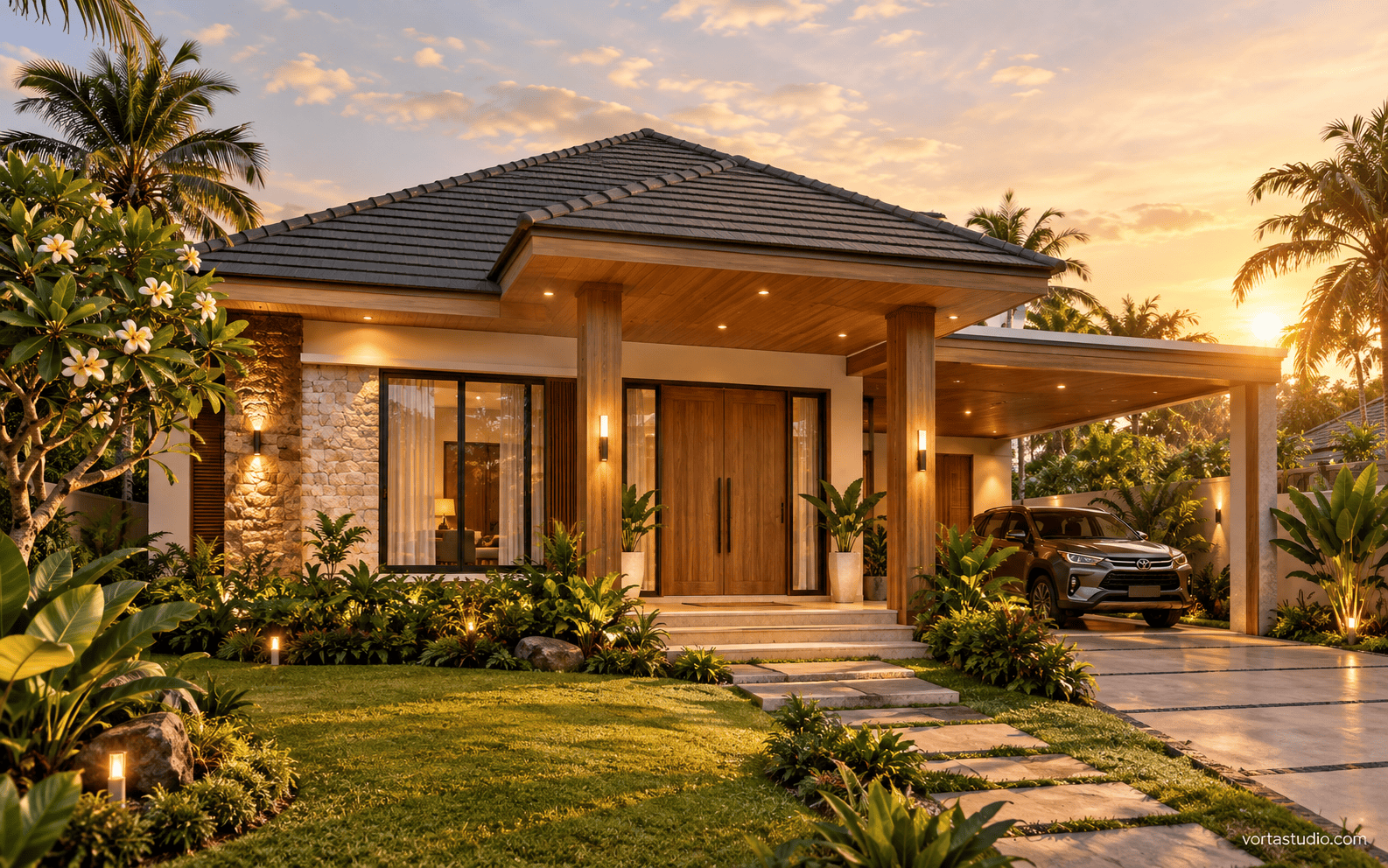 Sample desain rumah tropis modern 1 lantai saat golden hour — Vorta Studio