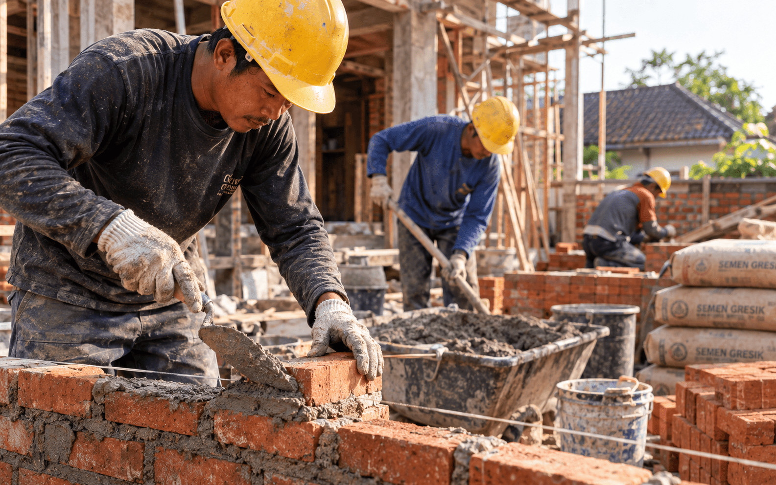 Tukang bekerja pada detail konstruksi rumah