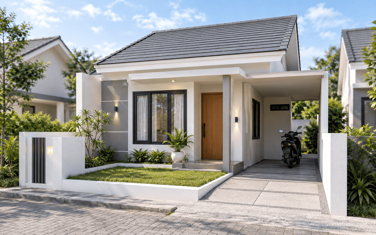 Sample desain rumah minimalis type 36/72 suasana pagi cerah — Vorta Studio