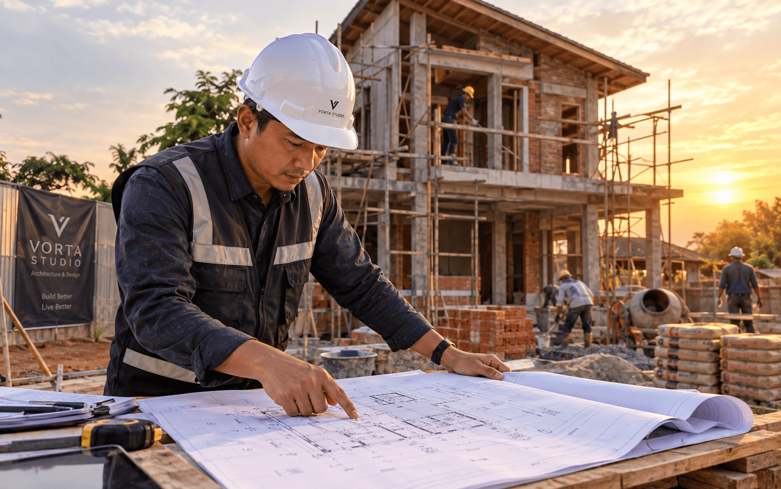 Pengawasan proyek rumah dengan gambar kerja