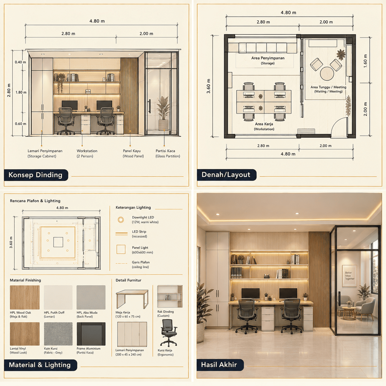 Interior Ruang Kantor Minimalis — Tampak Depan, Denah, Potongan, Hasil Akhir