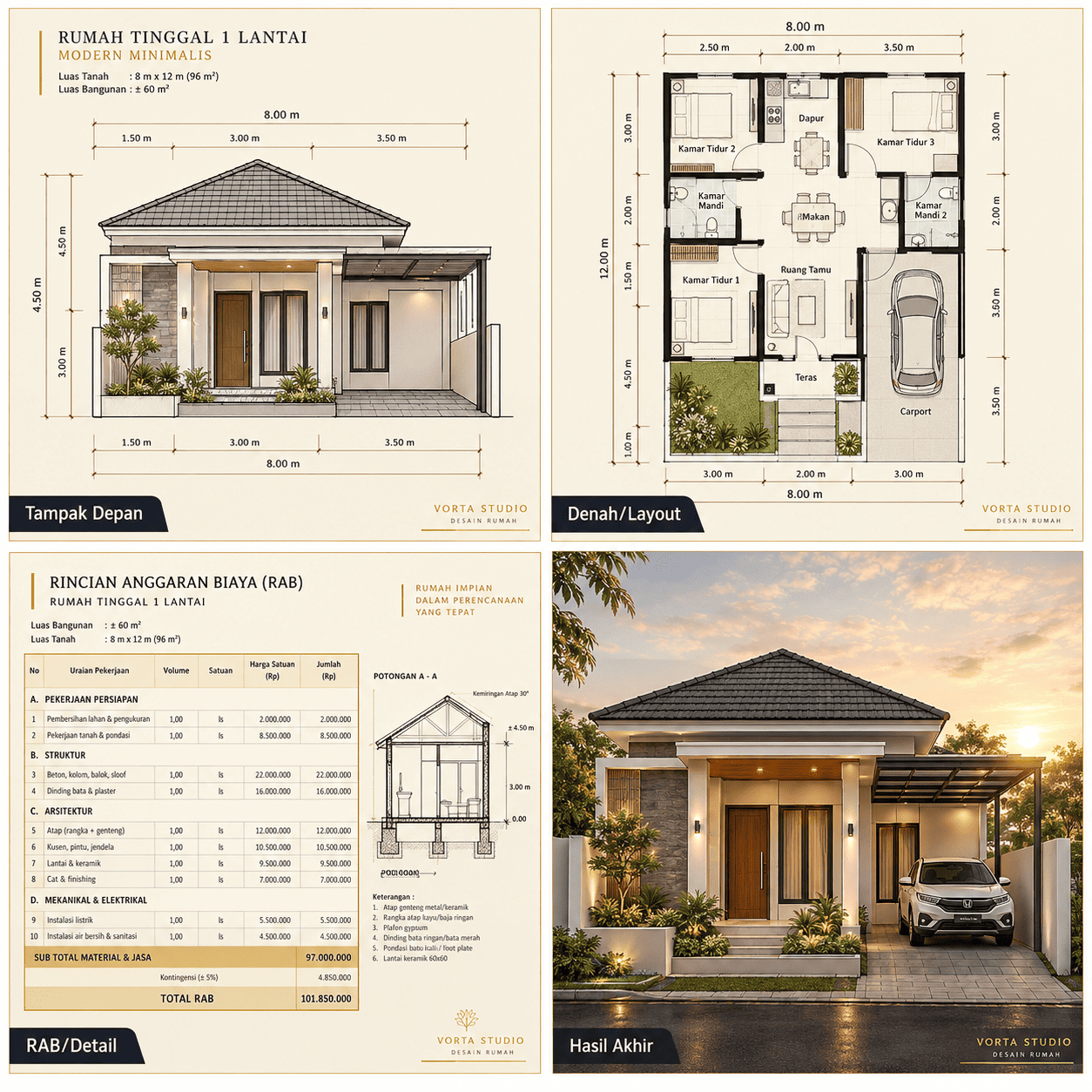 Gambar Kerja & RAB Rumah 1 Lantai — Tampak Depan, Denah, Potongan, Hasil Akhir