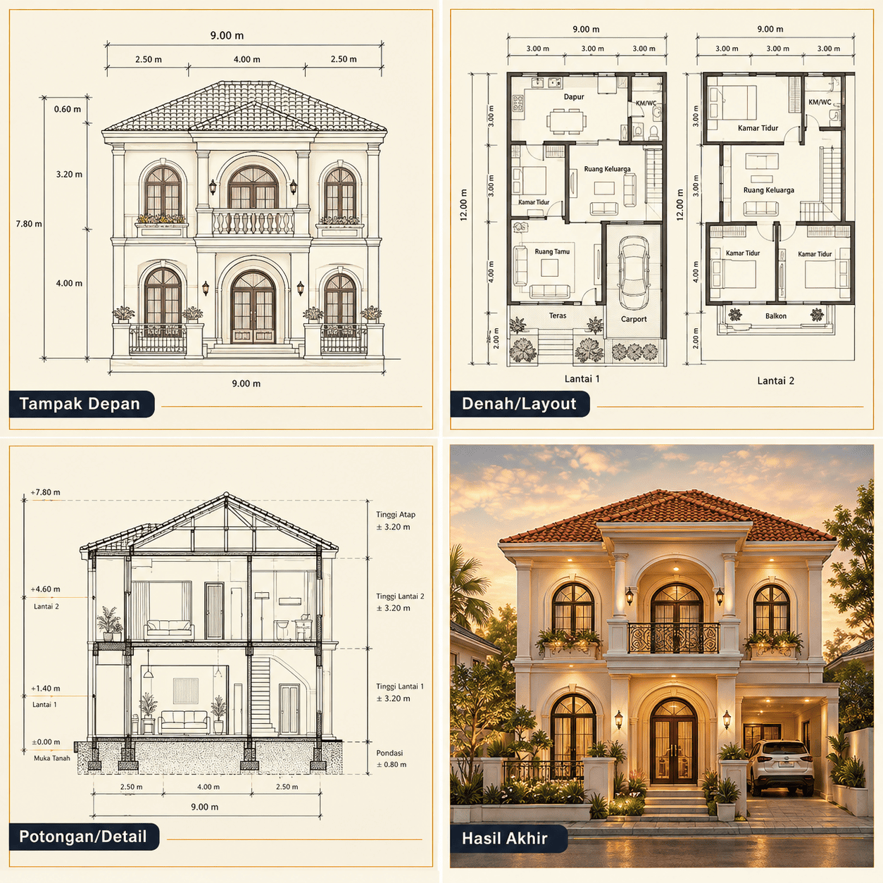 Rumah Mediterania 2 Lantai — Tampak Depan, Denah, Potongan, Hasil Akhir