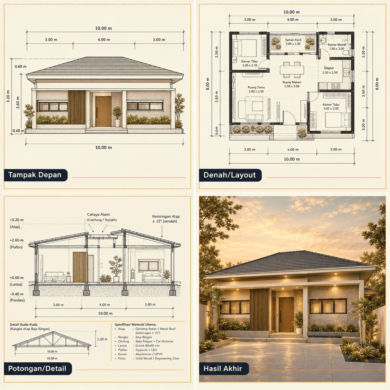 Rumah Japandi 1 Lantai — Tampak Depan, Denah, Potongan, Hasil Akhir