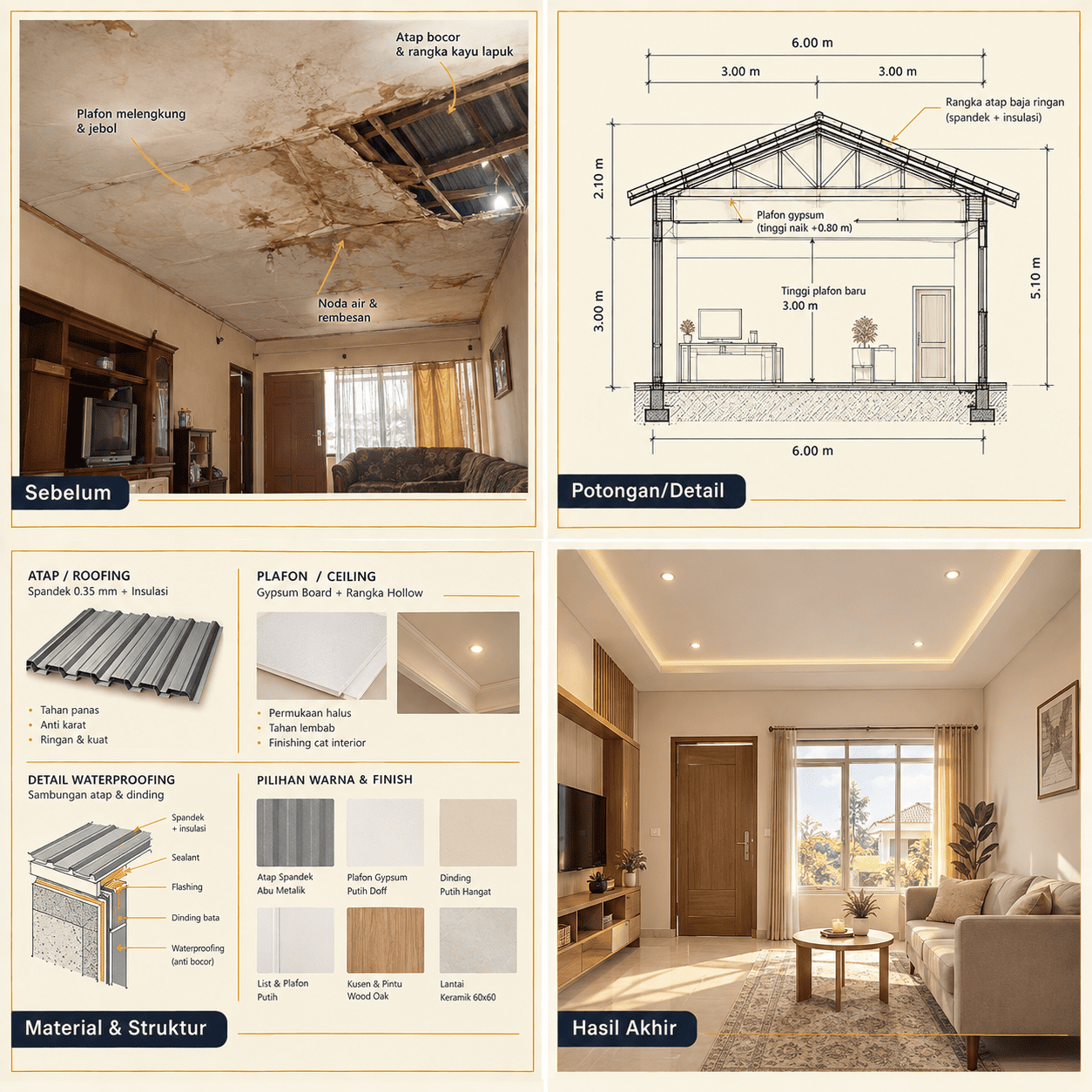 Renovasi Atap & Plafon Rumah — Tampak Depan, Denah, Potongan, Hasil Akhir