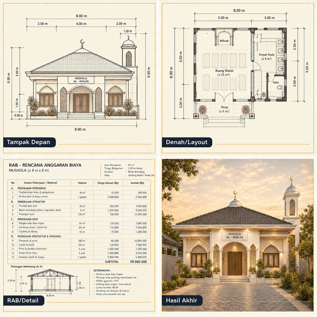 Gambar Kerja & RAB Masjid Mini — Tampak Depan, Denah, Potongan, Hasil Akhir