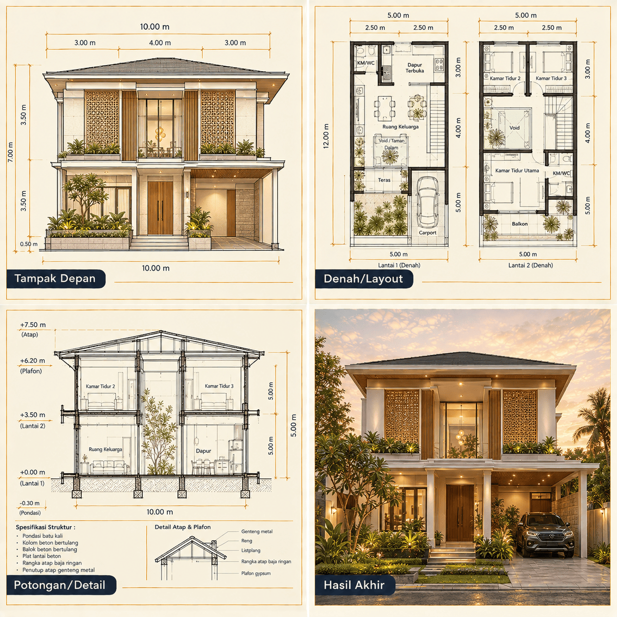 Rumah Tropical Modern 2 Lantai — Tampak Depan, Denah, Potongan, Hasil Akhir