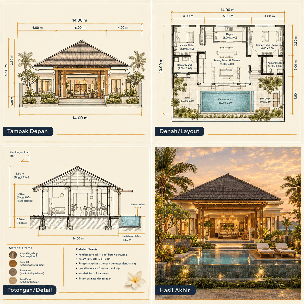 Villa Nuansa Bali 1 Lantai — Tampak Depan, Denah, Potongan, Hasil Akhir