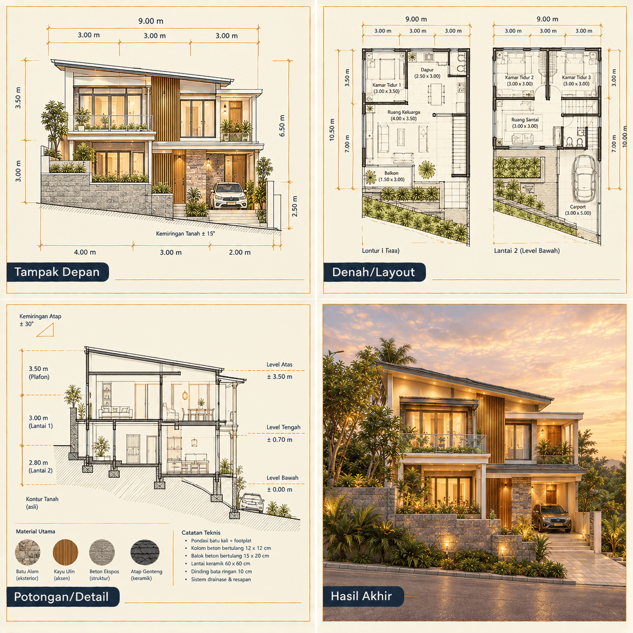 Rumah Split Level 2 Lantai — Tampak Depan, Denah, Potongan, Hasil Akhir