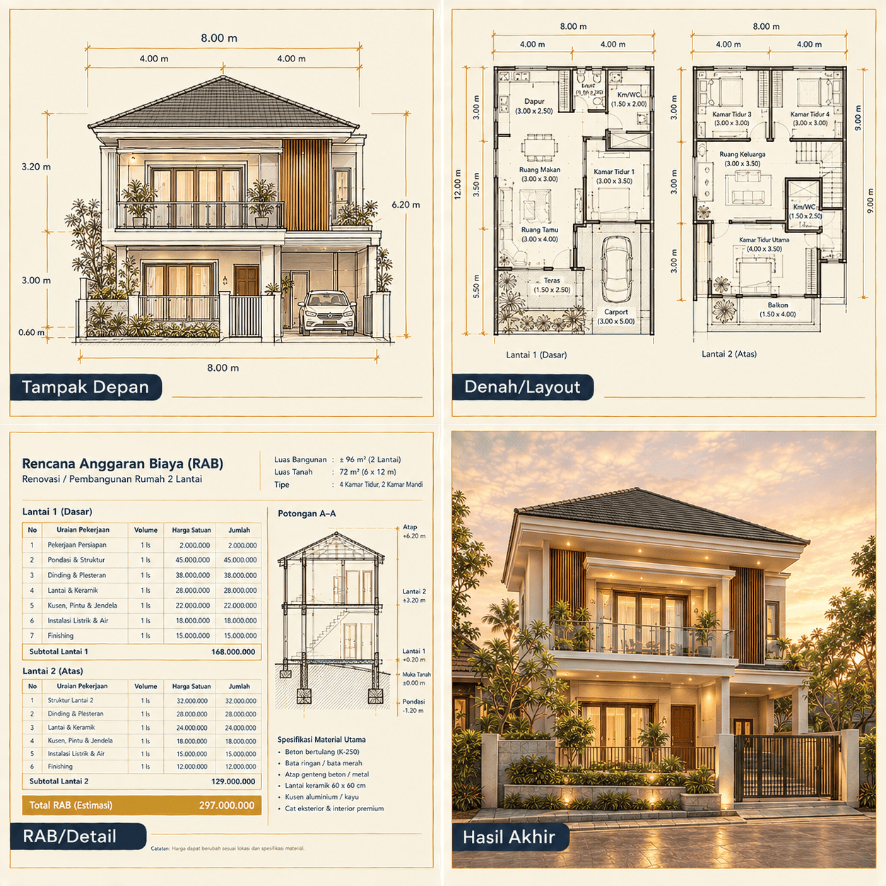 Gambar Kerja & RAB Rumah 2 Lantai — Tampak Depan, Denah, Potongan, Hasil Akhir