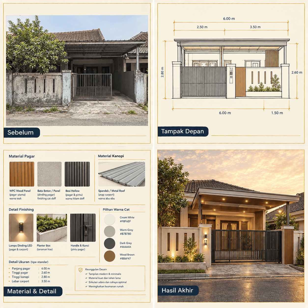 Renovasi Pagar & Carport — Tampak Depan, Denah, Potongan, Hasil Akhir