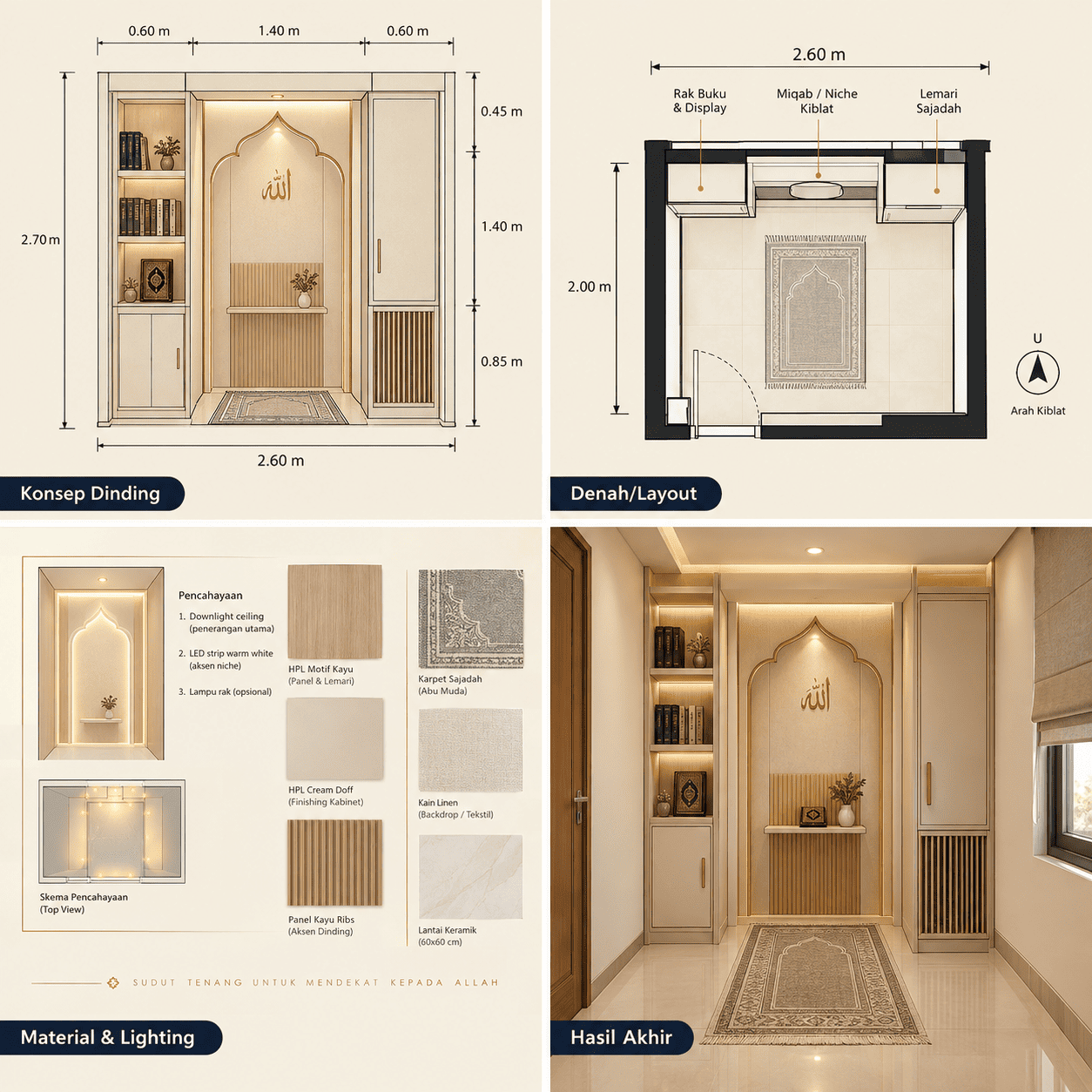 Interior Musala Kecil dalam Rumah — Tampak Depan, Denah, Potongan, Hasil Akhir