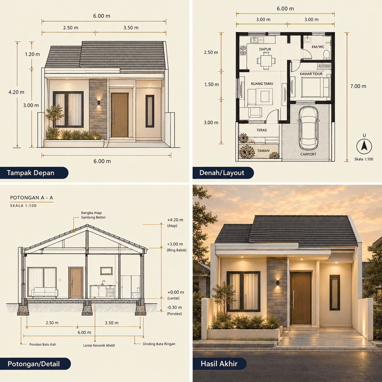 Rumah Minimalis Modern 1 Lantai — Tampak Depan, Denah, Potongan, Hasil Akhir