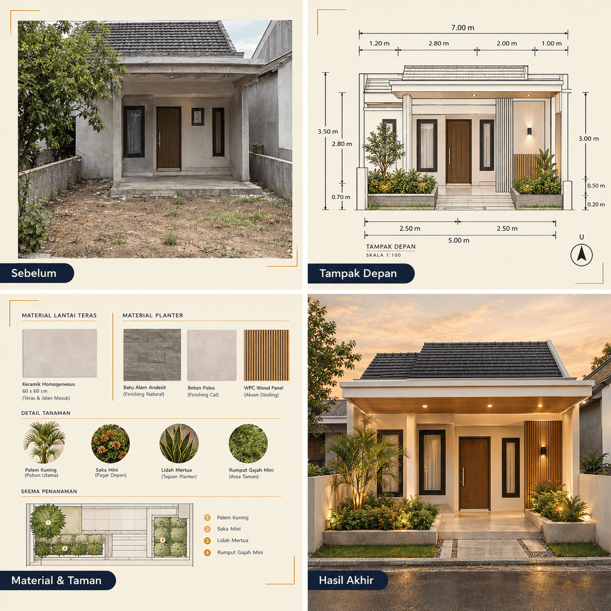Renovasi Teras & Taman Depan — Tampak Depan, Denah, Potongan, Hasil Akhir