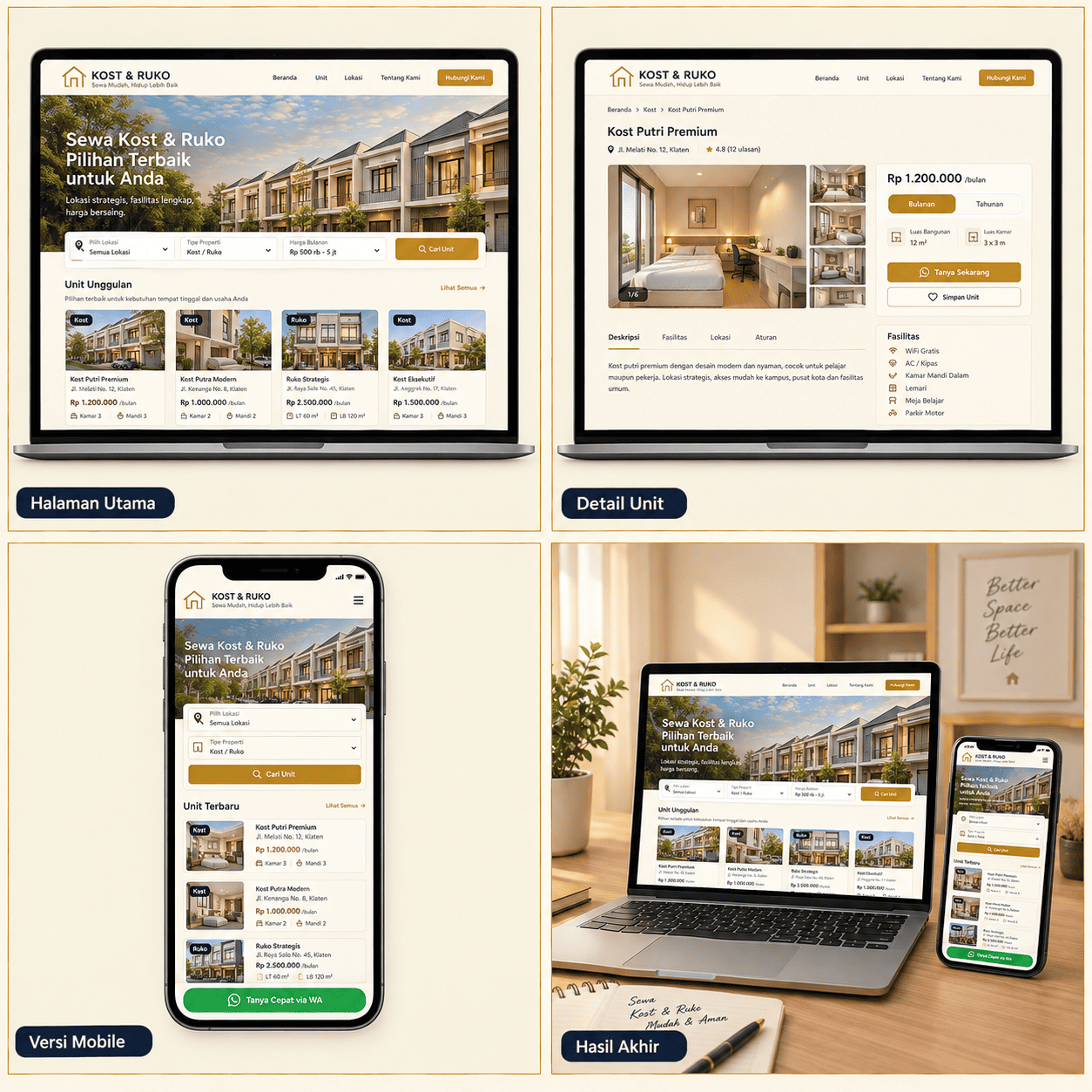 Website Sewa Ruko & Kios — Tampak Depan, Denah, Potongan, Hasil Akhir