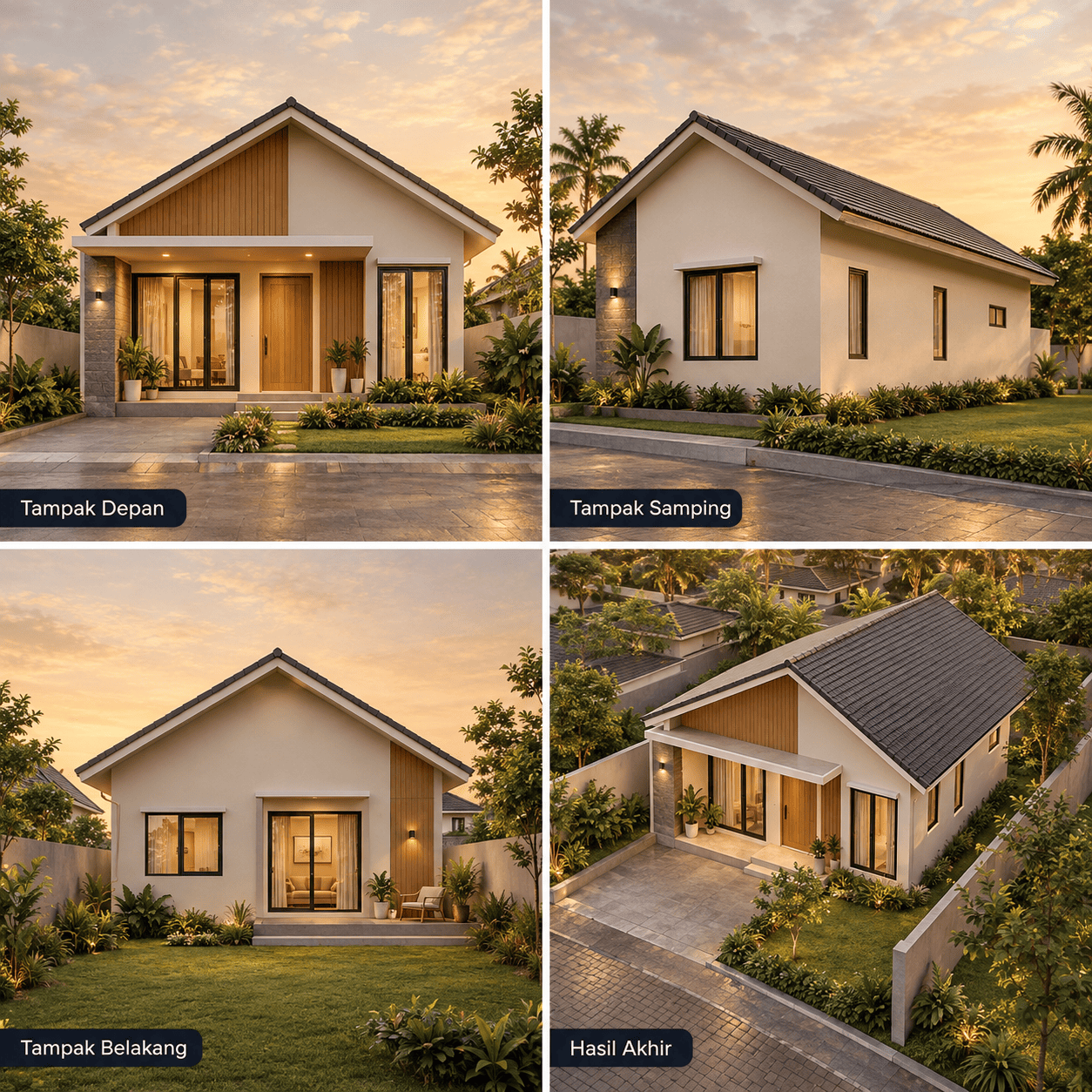 Rumah Skandinavian 1 Lantai — Tampak Depan, Tampak Samping, Tampak Belakang, Hasil Akhir