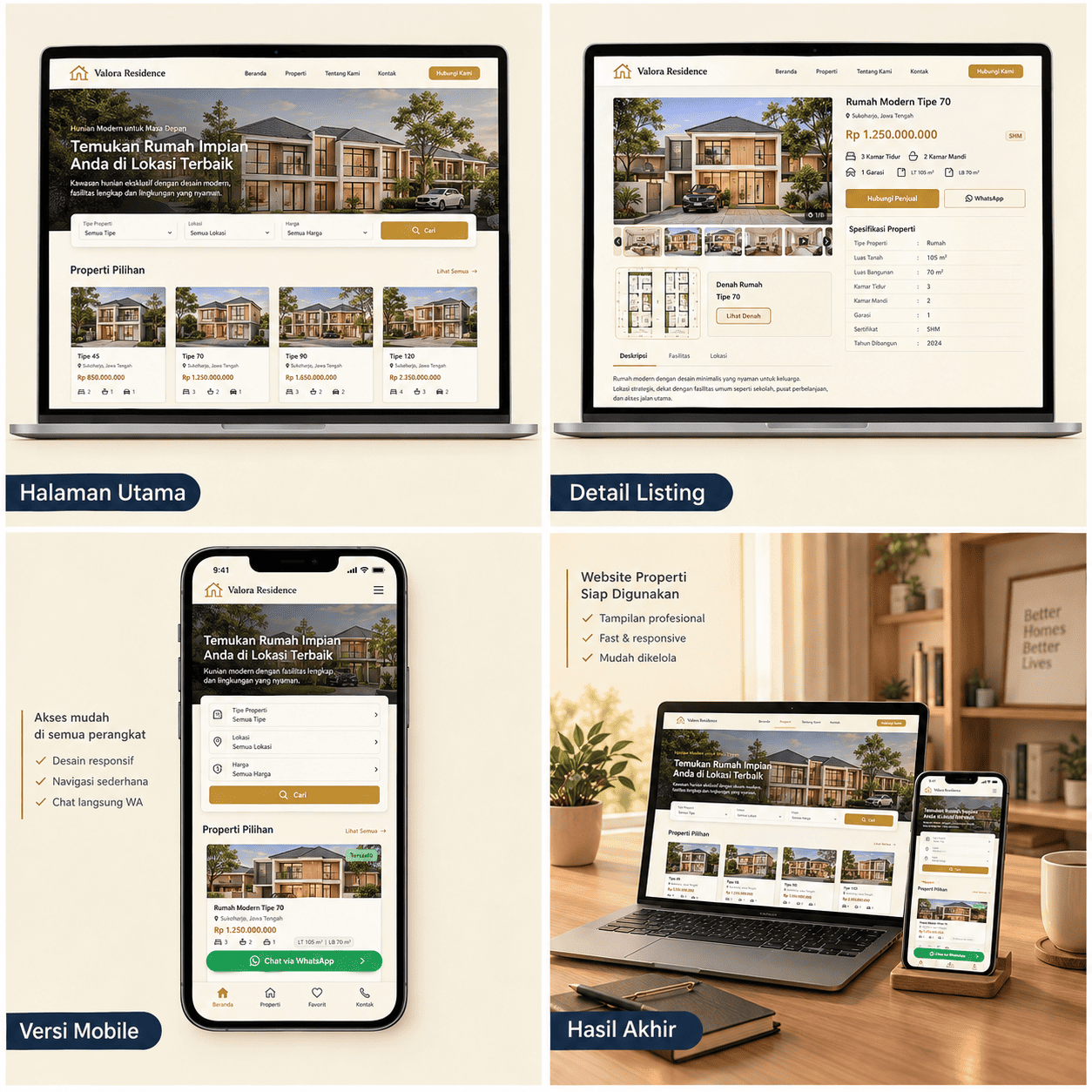 Website Listing Perumahan — Tampak Depan, Denah, Potongan, Hasil Akhir