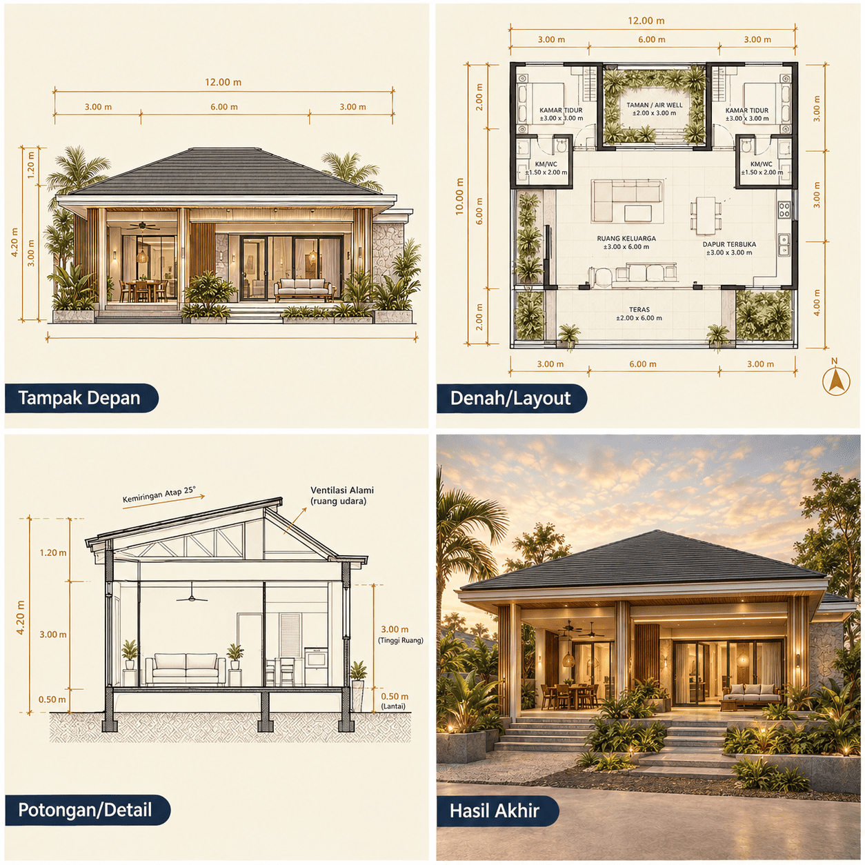 Rumah Tropis Modern 1 Lantai — Tampak Depan, Denah, Potongan, Hasil Akhir