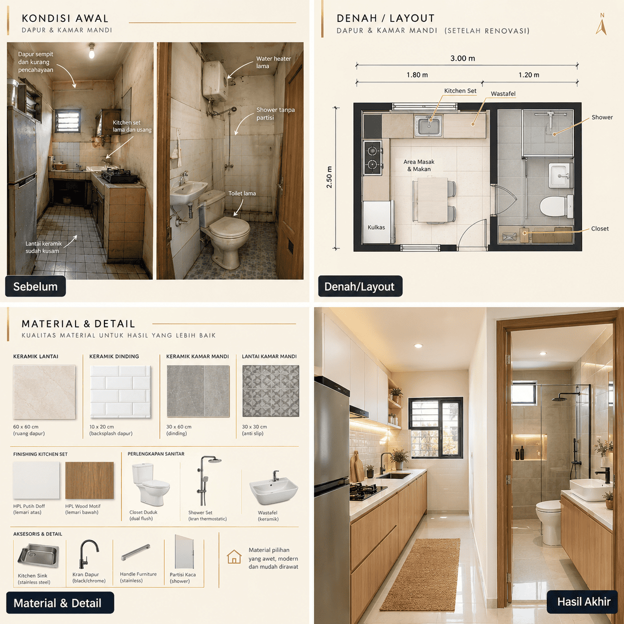Renovasi Dapur & Kamar Mandi — Tampak Depan, Denah, Potongan, Hasil Akhir