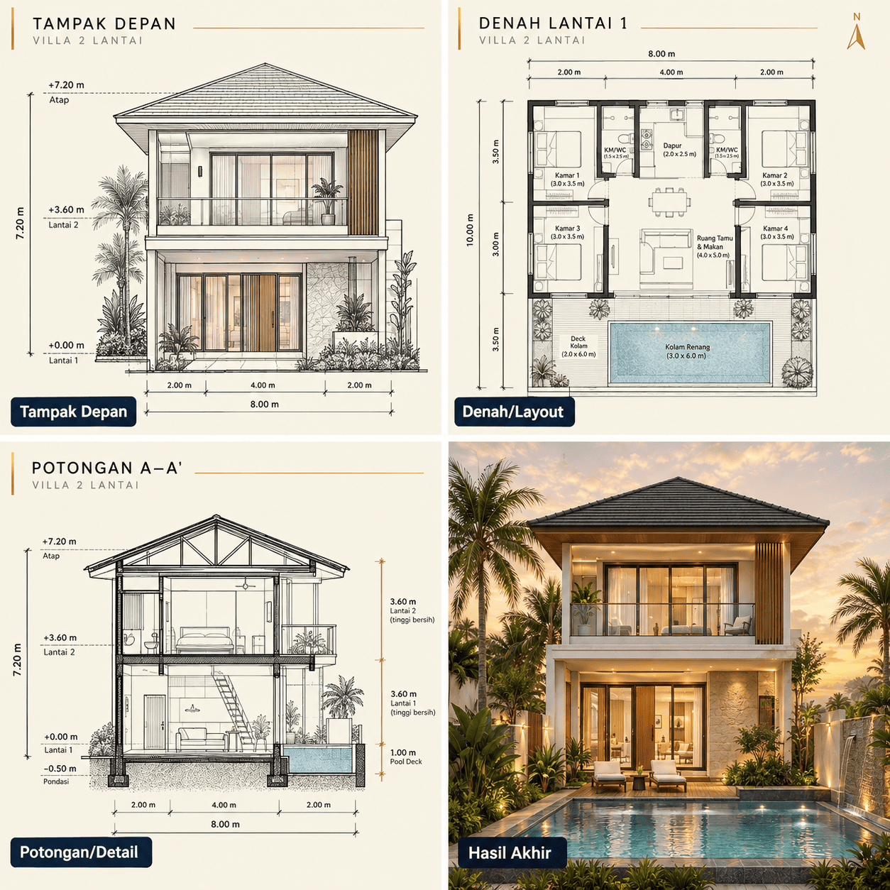 Villa Liburan 2 Lantai — Tampak Depan, Denah, Potongan, Hasil Akhir