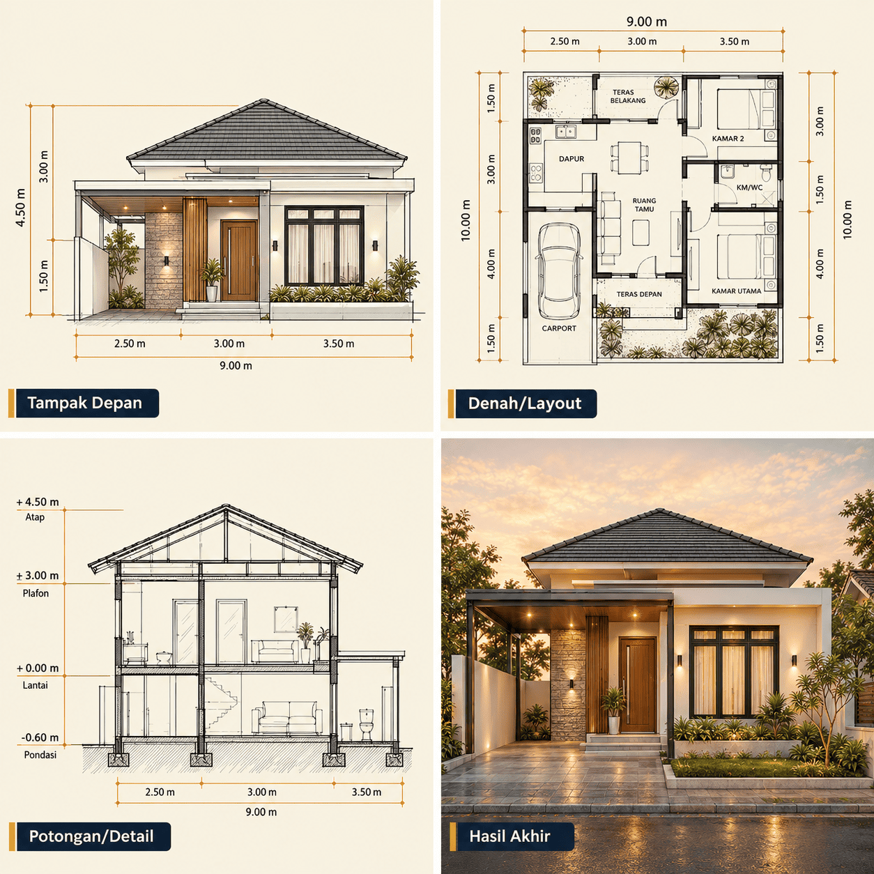 Renovasi Rumah Tapak — Tampak Depan, Denah, Potongan, Hasil Akhir