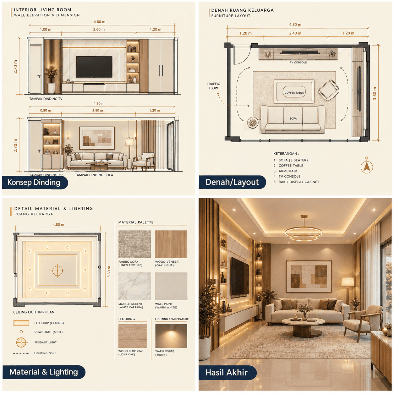 Interior Ruang Keluarga Modern — Tampak Depan, Denah, Potongan, Hasil Akhir