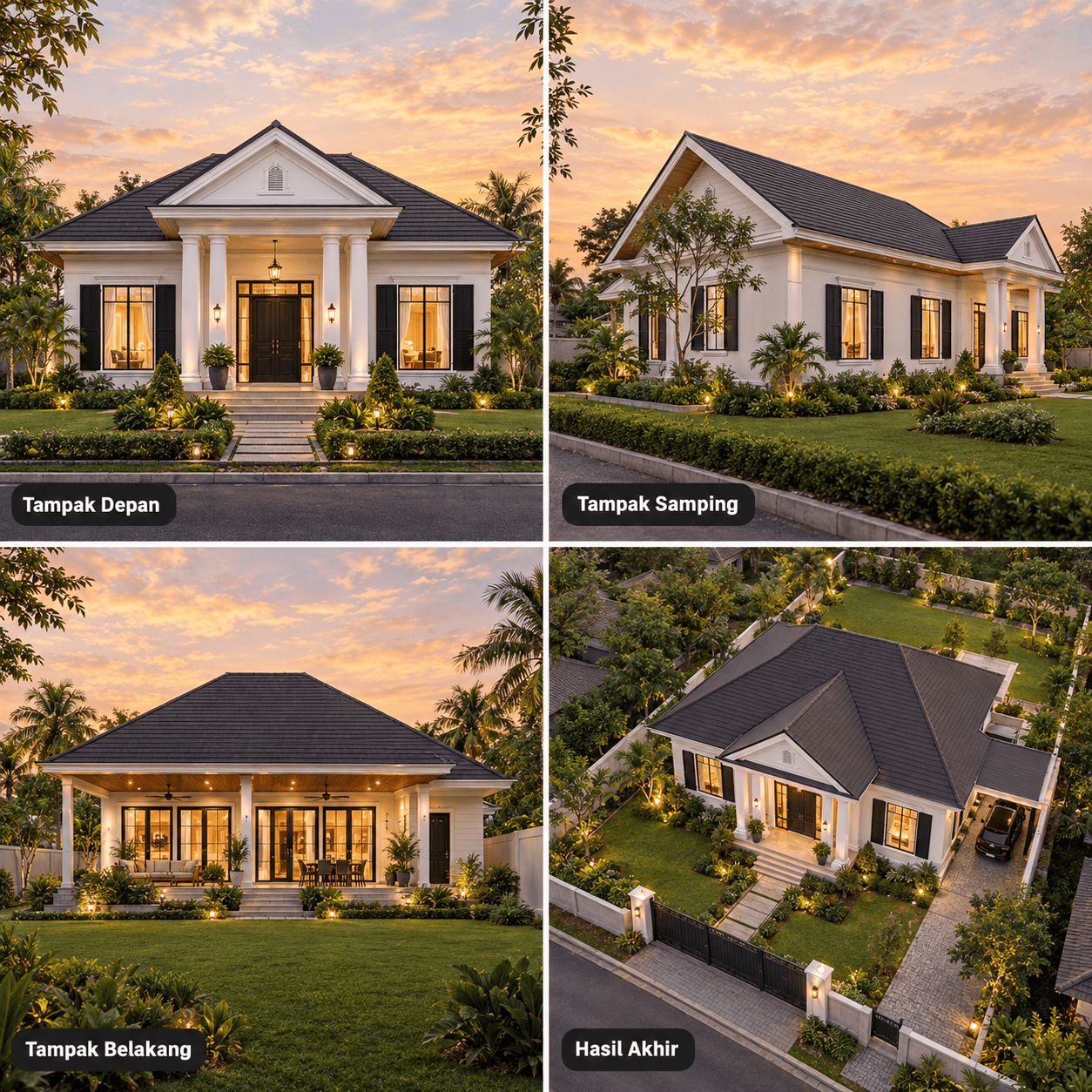 Rumah American Classic 1 Lantai — Tampak Depan, Tampak Samping, Tampak Belakang, Hasil Akhir