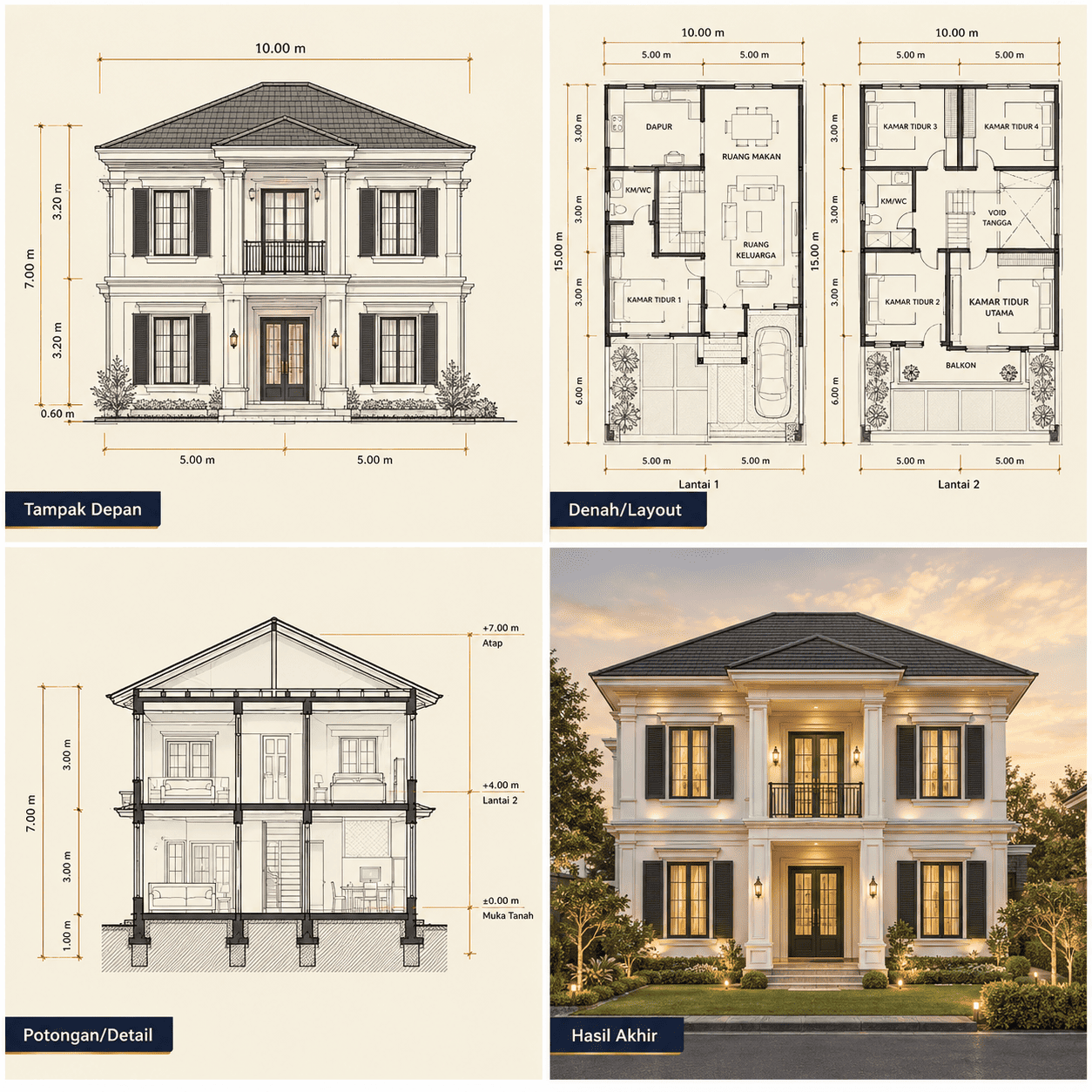 Rumah American Classic 2 Lantai — Tampak Depan, Denah, Potongan, Hasil Akhir