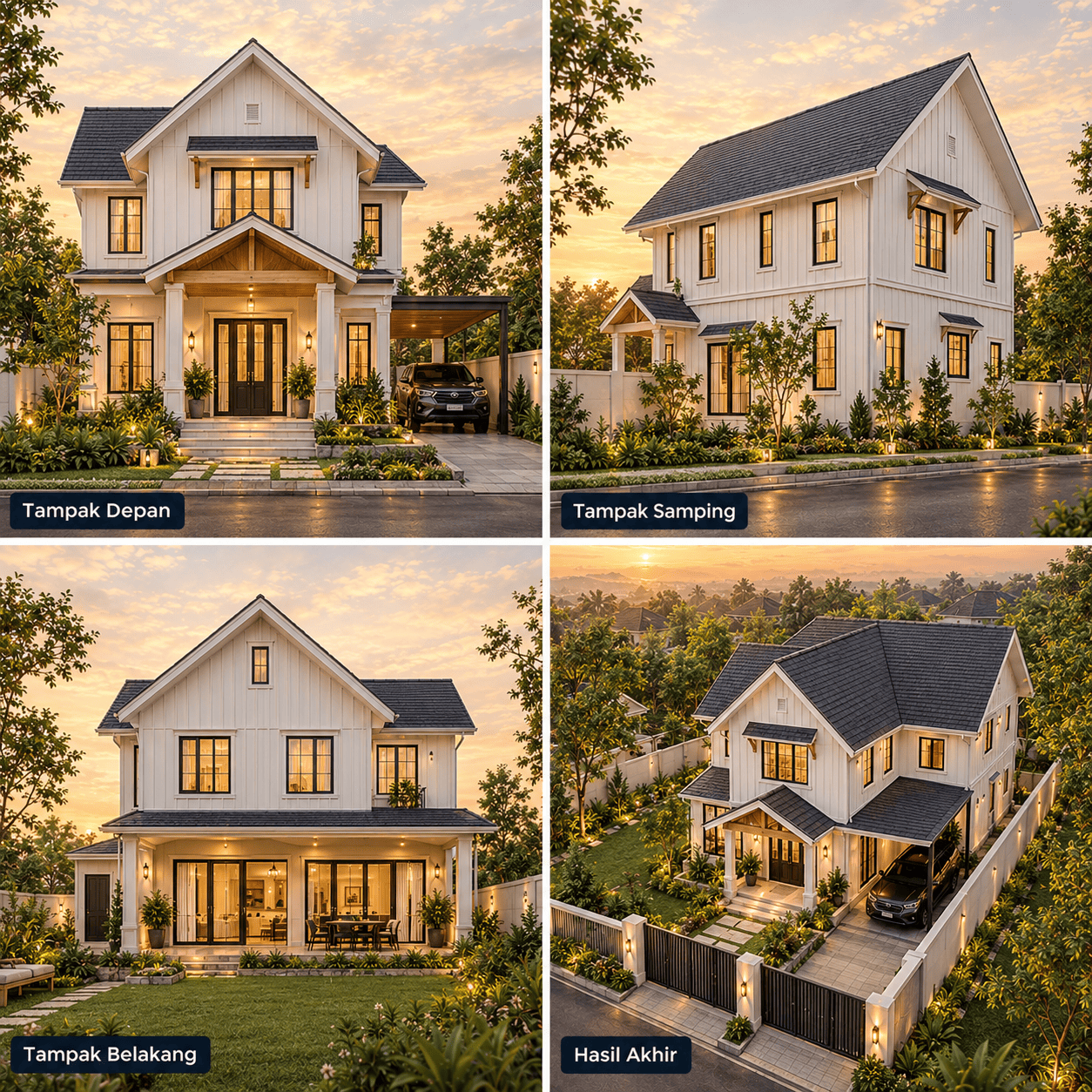 Rumah Bergaya Farmhouse 2 Lantai — Tampak Depan, Tampak Samping, Tampak Belakang, Hasil Akhir
