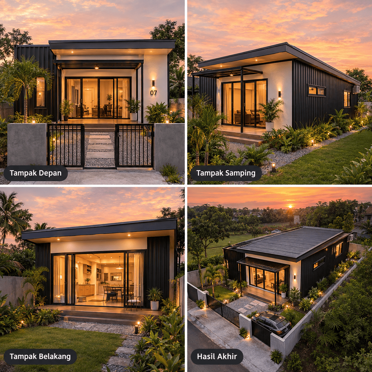 Rumah Container Modern 1 Lantai — Tampak Depan, Tampak Samping, Tampak Belakang, Hasil Akhir