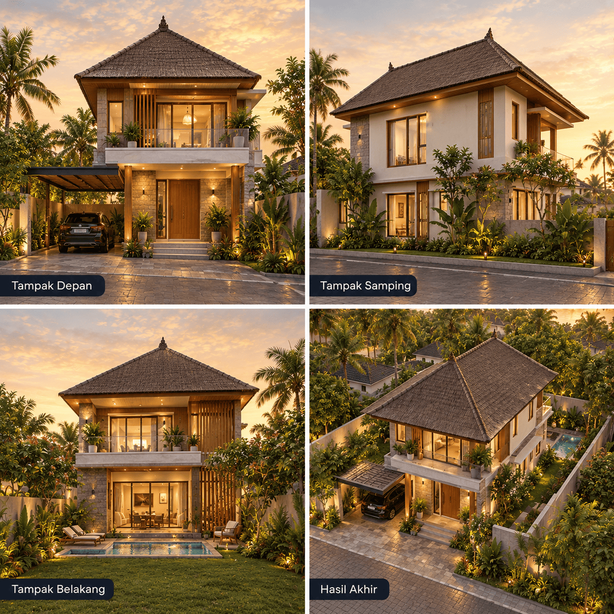 Rumah Gaya Bali Kontemporer 2 Lantai — Tampak Depan, Tampak Samping, Tampak Belakang, Hasil Akhir