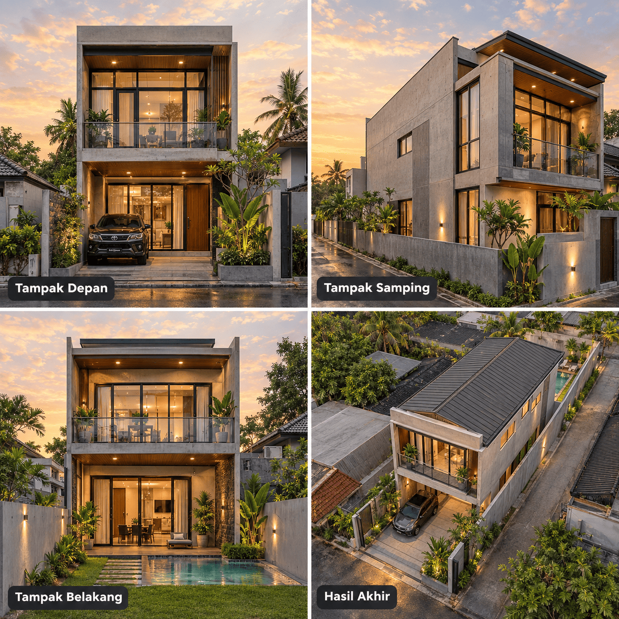 Rumah Loft Urban 2 Lantai — Tampak Depan, Tampak Samping, Tampak Belakang, Hasil Akhir