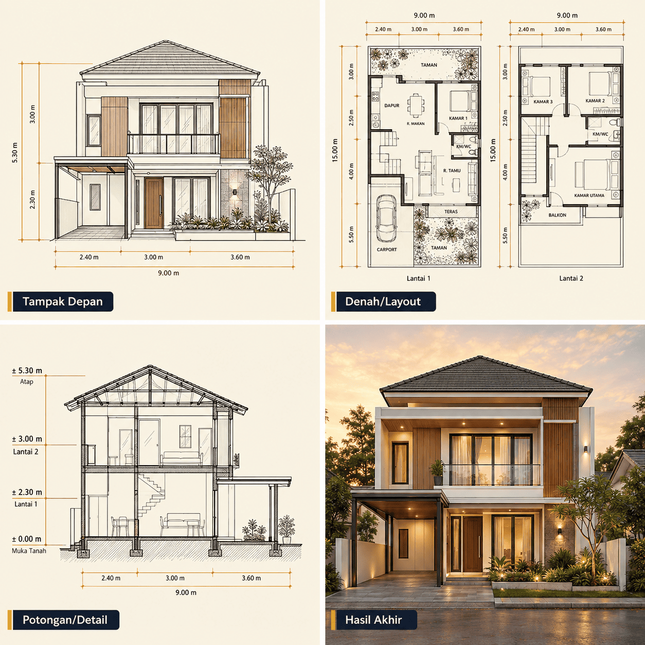 Rumah Minimalis 2 Lantai — Tampak Depan, Denah, Potongan, Hasil Akhir