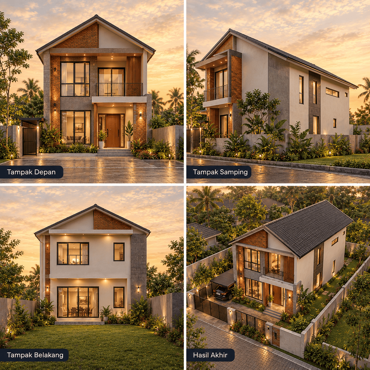 Rumah Minimalis Industrial 2 Lantai — Tampak Depan, Tampak Samping, Tampak Belakang, Hasil Akhir