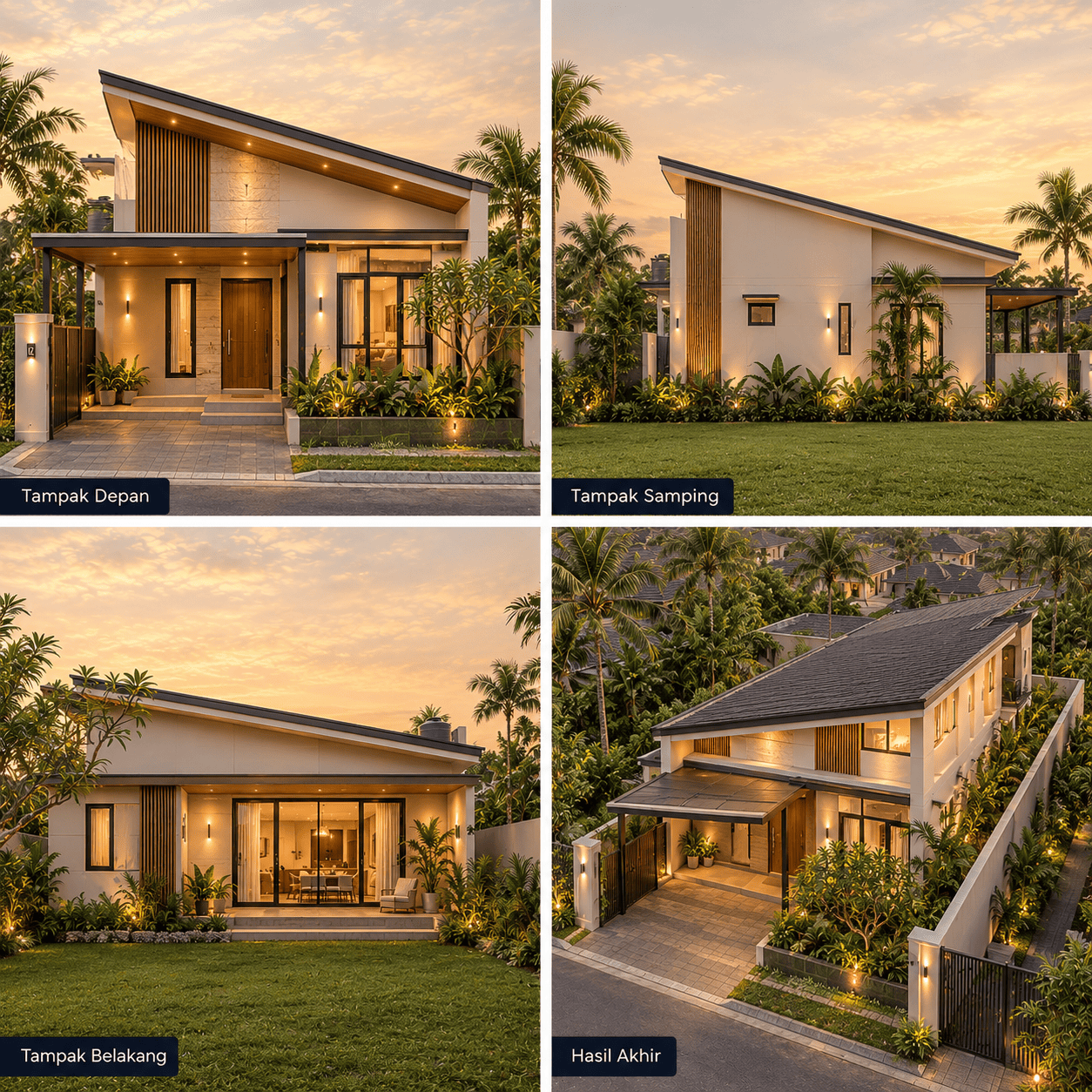 Rumah Modern Atap Miring 1 Lantai — Tampak Depan, Tampak Samping, Tampak Belakang, Hasil Akhir