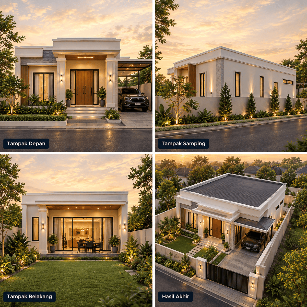 Rumah Modern Kubus 1 Lantai — Tampak Depan, Tampak Samping, Tampak Belakang, Hasil Akhir