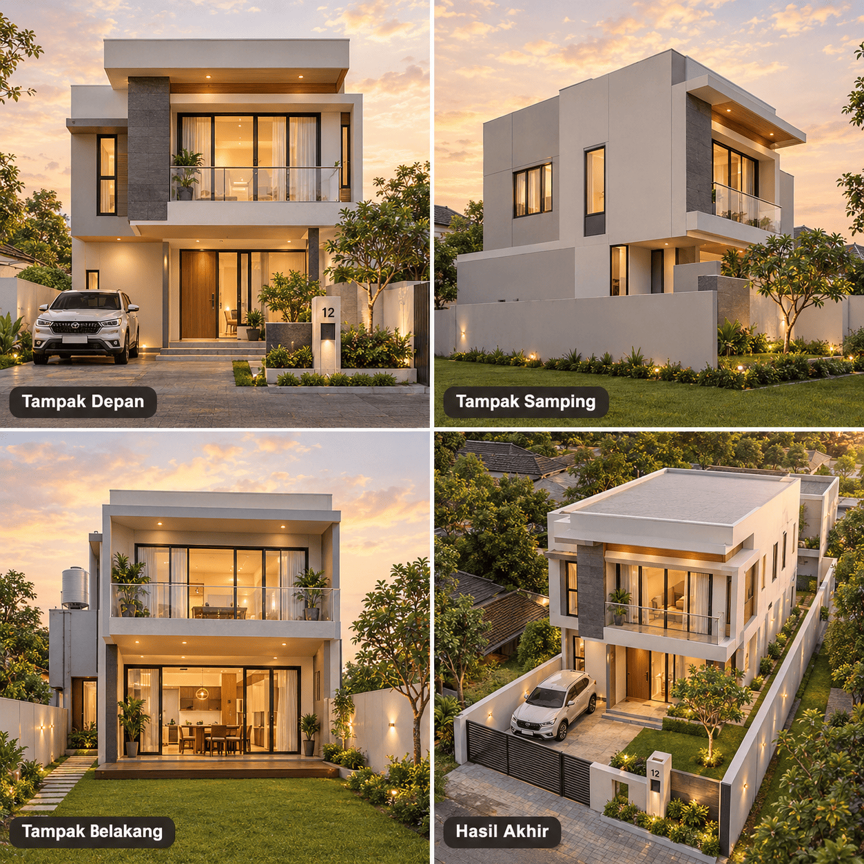 Rumah Modern Minimalis 2 Lantai — Tampak Depan, Tampak Samping, Tampak Belakang, Hasil Akhir
