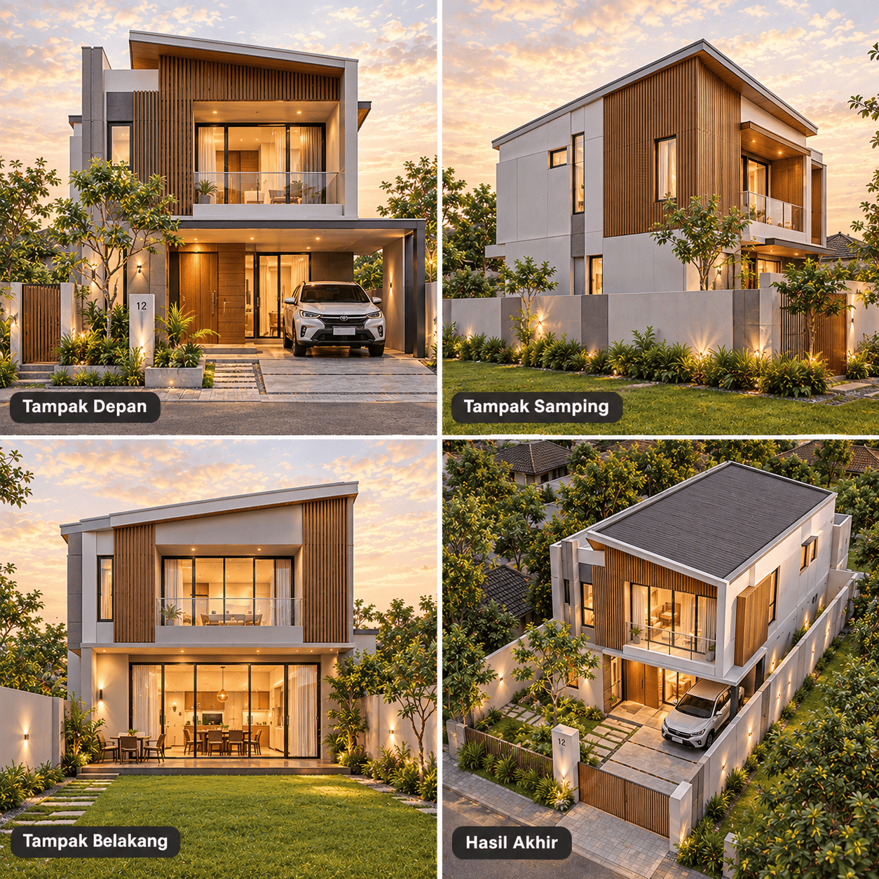 Rumah Modern Minimalis Fasad Kayu — Tampak Depan, Tampak Samping, Tampak Belakang, Hasil Akhir