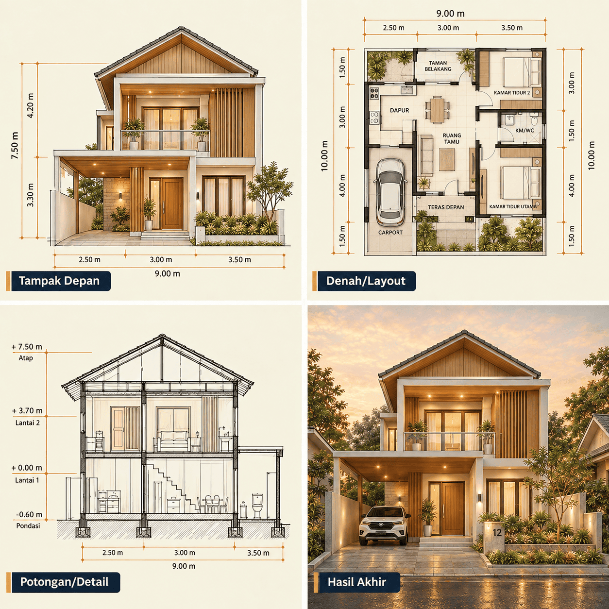 Rumah Scandinavian 2 Lantai — Tampak Depan, Denah, Potongan, Hasil Akhir