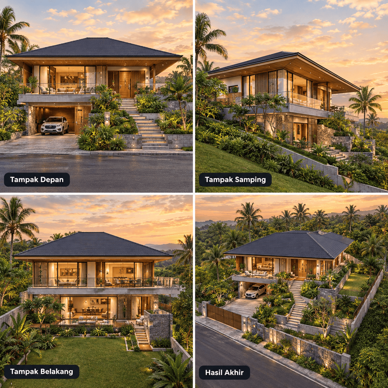 Rumah Tropis Split Level — Tampak Depan, Tampak Samping, Tampak Belakang, Hasil Akhir