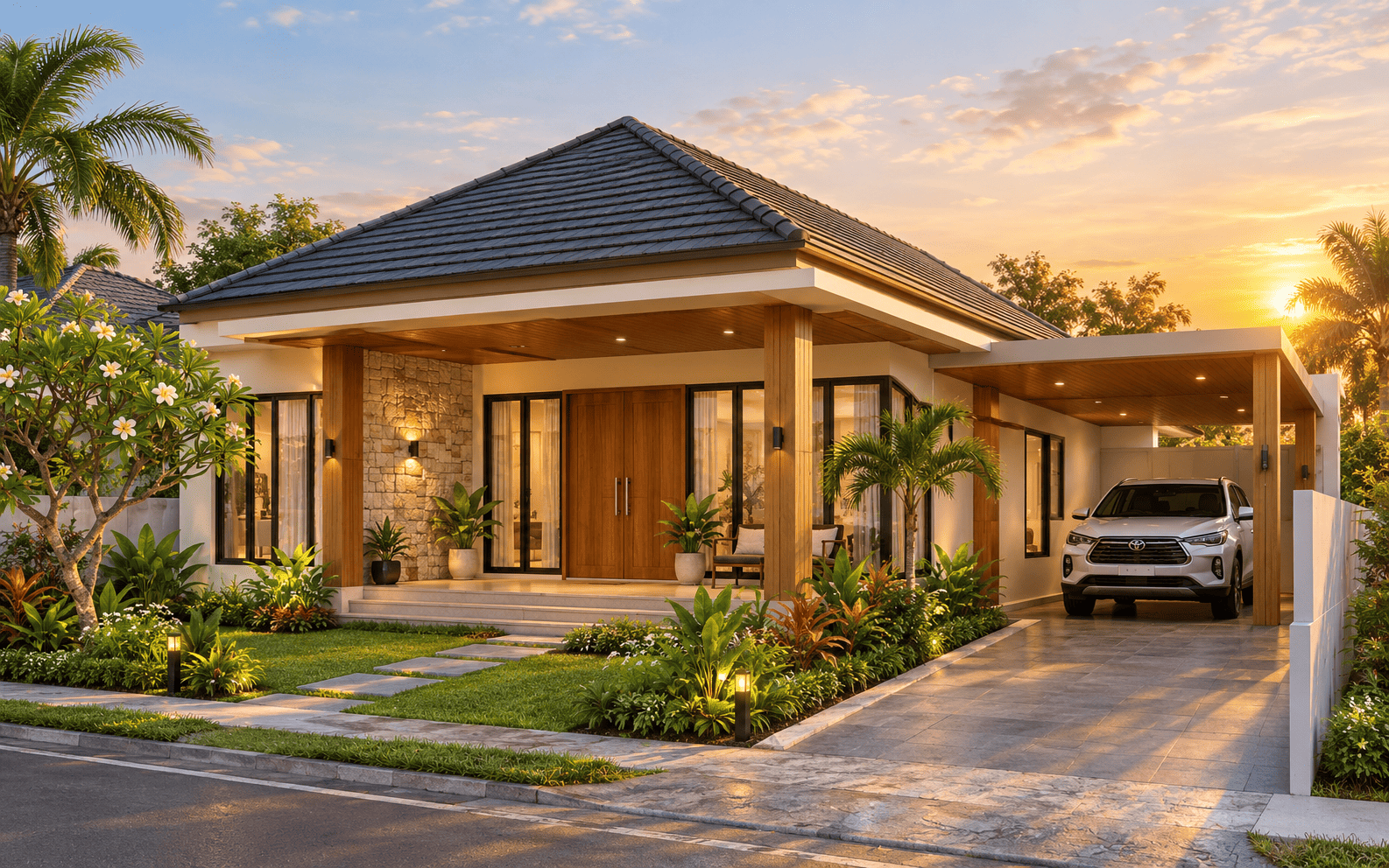 Sample desain rumah tropis modern 1 lantai — Vorta Studio