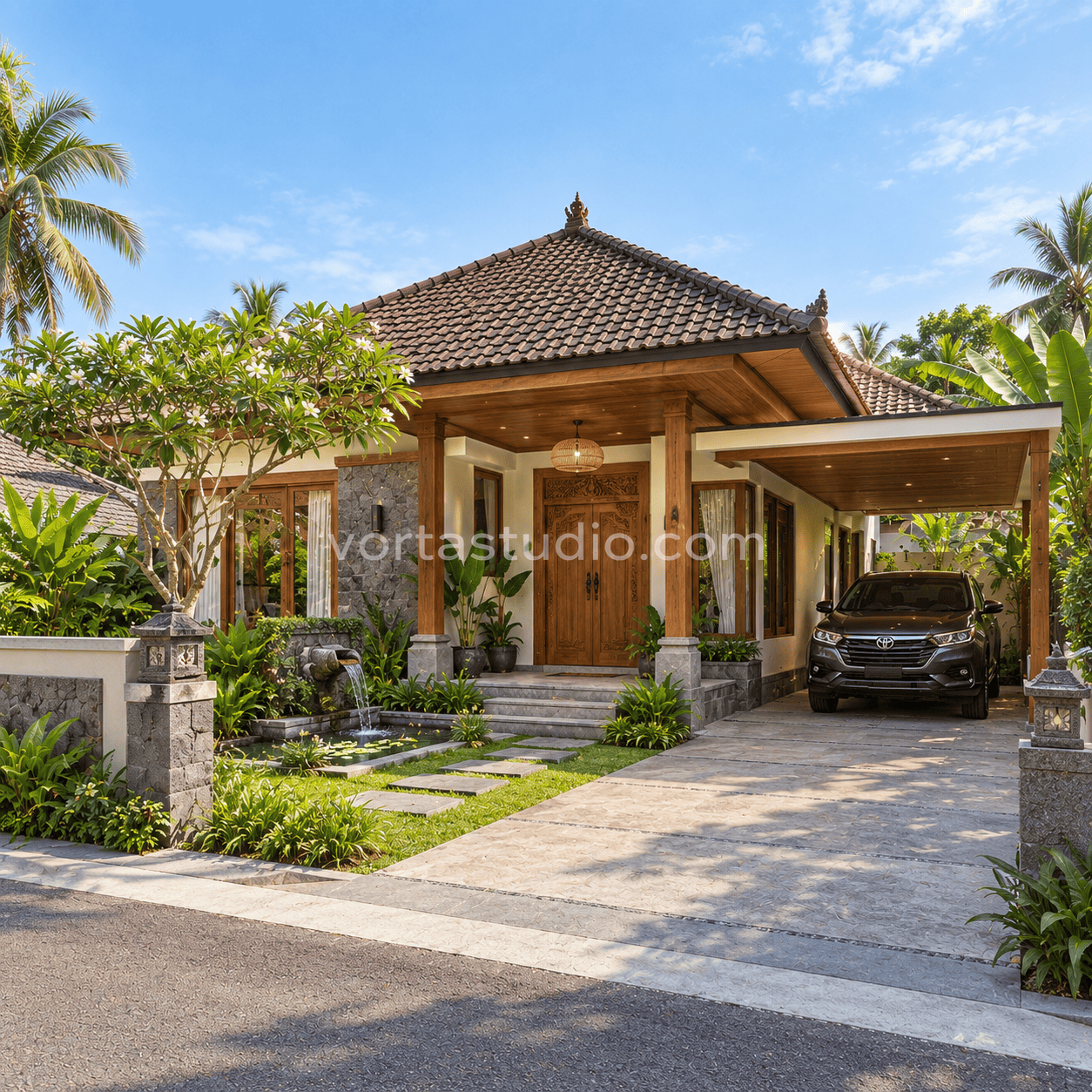 Sample desain rumah bali tropis 1 lantai VS-024 — Vorta Studio