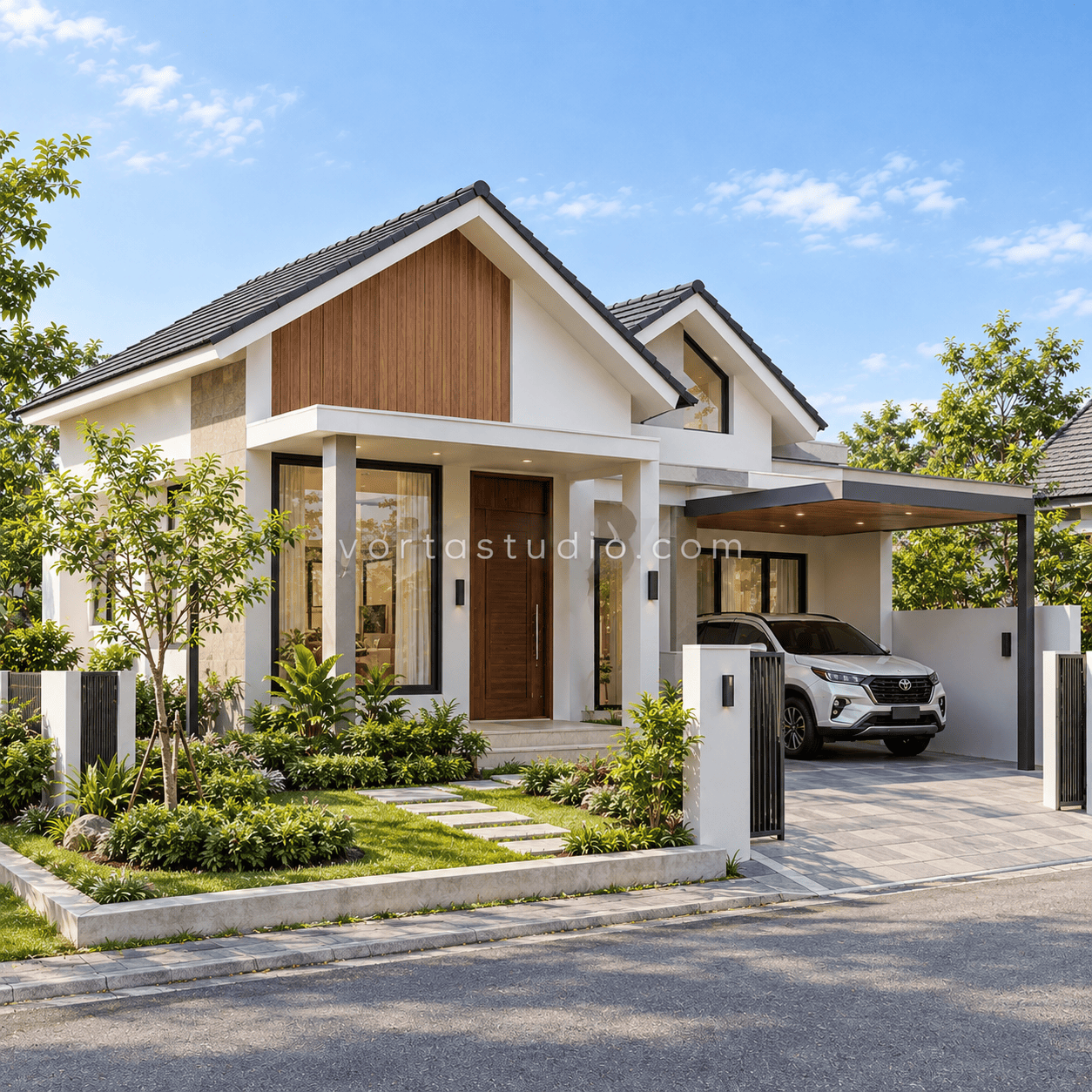 Sample desain rumah minimalis modern atap gable ganda VS-032 — Vorta Studio