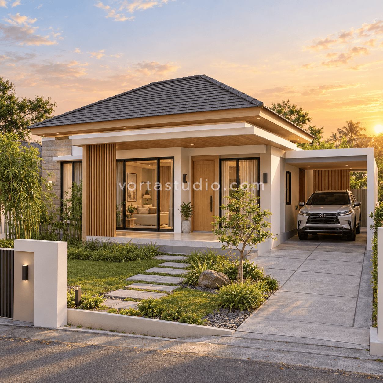 Sample desain rumah japandi minimalis modern atap perisai VS-033 — Vorta Studio