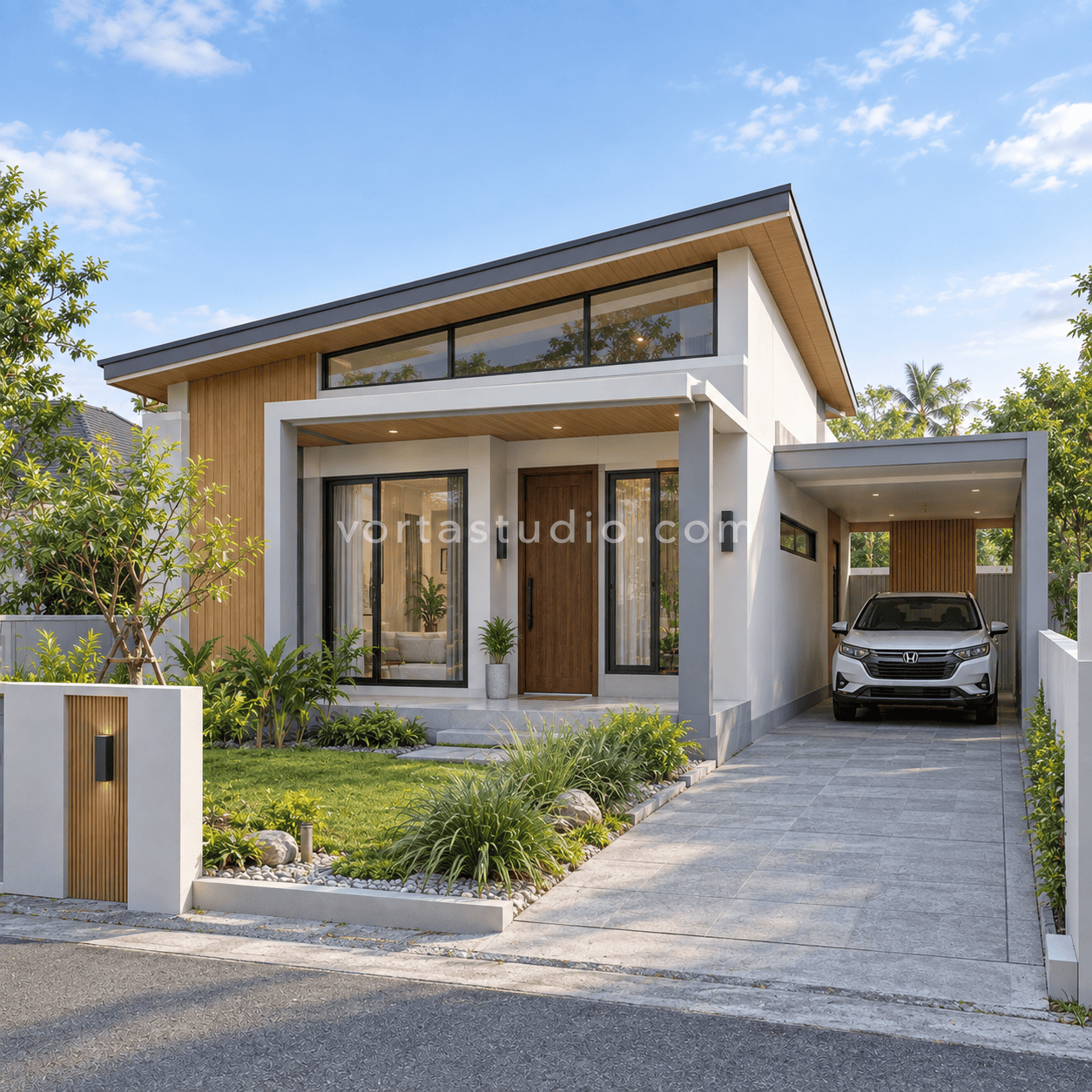Sample desain rumah minimalis modern atap miring satu arah VS-034 — Vorta Studio