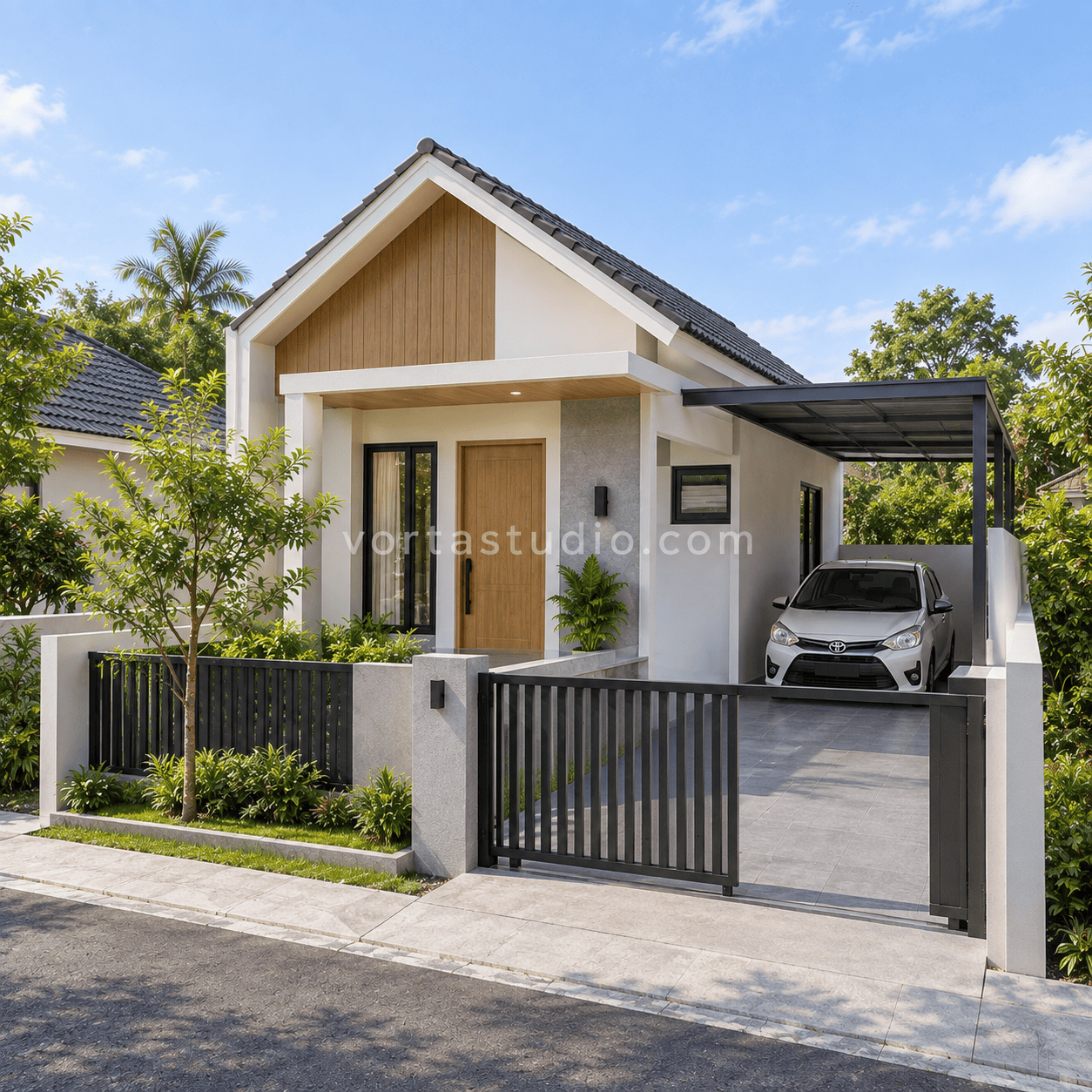 Sample desain rumah minimalis modern atap pelana lahan sempit VS-038 — Vorta Studio