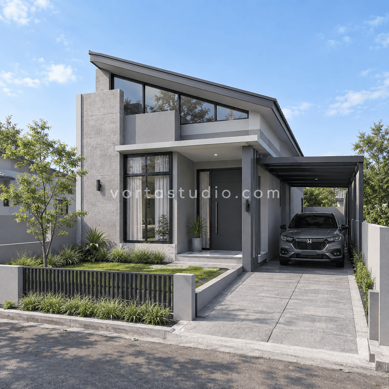 Sample desain rumah monokrom minimalis modern atap miring satu arah VS-040 — Vorta Studio